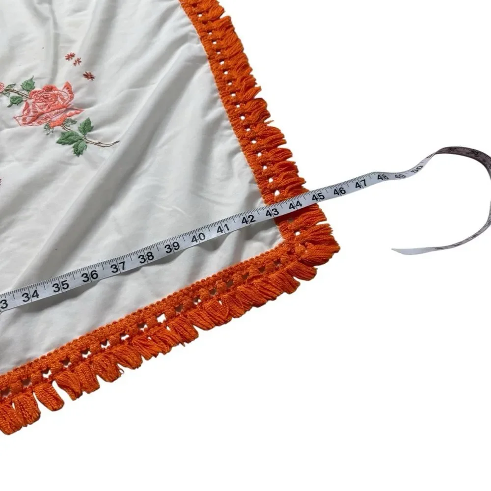 Vintage Hand Embroidered Floral Tablecloth Orange Fringe
